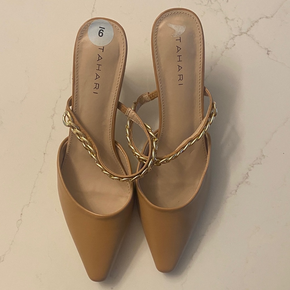 Tahari Women's Tan Heels with Gold Accents